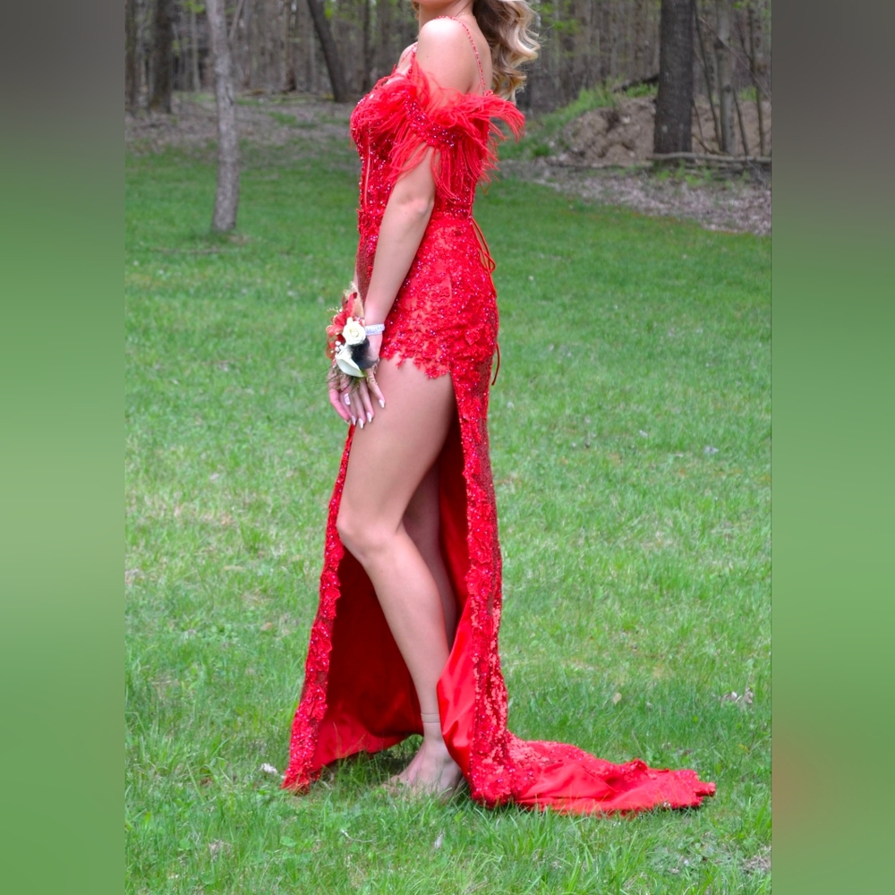 Sherri Hill Red Lace-Up Feather Sleeve Prom Dress - Picture 5 of 8
